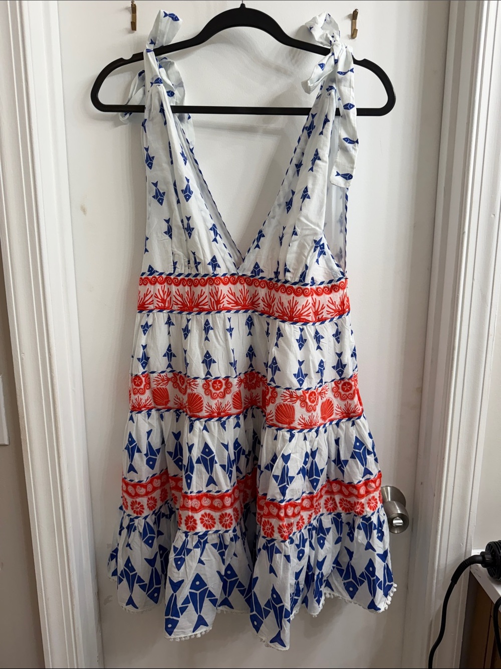 Farm Rio White Summer Tie-Shoulder Dress with Blue & Red Print